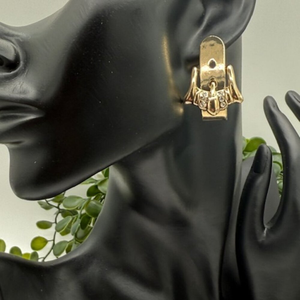 Anthropologie Gold Tone Buckle Earrings with Rhinestone Accents - Picture 2 of 4